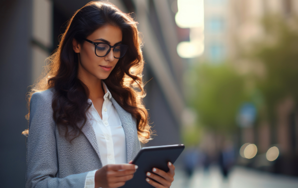 A woman is looking at her tablet screen.